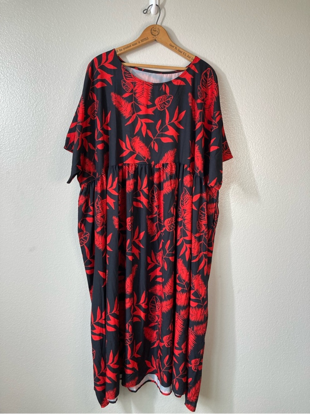 Loose Fit Leaf Print Midi Maxi dress Pockets Lightweight Travel Artsy OSFM